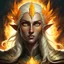 Placeholder: Generate a dungeons and dragons character portrait of the face of a female autumn Eladrin. She is a Grave Cleric. Her hair is the color of the sun and voluminous. Her skin is dark tan. Her eyes are yellow.