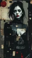 Placeholder: Abstract art, hand assembled, full body female goth rocker portrait from found objects collage, random textile textures, mixed media, Wassily Kandinsky, Jerry Uelsmann, Paul Klee, double color exposure, surreal, otherworldly, dark noir, atmospheric, decayed, sorrowful, forlorn