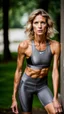 Placeholder: photography of a beautiful anorexic woman, grey satin triathlon top, sports illustrated, blond short wavy bob haircut, pronounced sternum, flat chest, anthracite cycling leggins