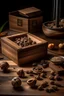 Placeholder: A box on a wooden table in a product photography location surrounded by pieces of walnut