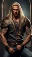 Placeholder: handsome warrior king, muscular, long blonde hair, male age 30, wearing jeans and shirt, tan skin, tattoos,photorealistic 4k dark fantasy