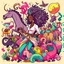 Placeholder: Stickee of afrowoman wirh unicorn and worms all around