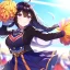 Placeholder: Clear focus,High resolution,High quality, Cheerleader, Smiling, Eyes closed, Black long hair flowing with the wind, Purple eyes