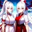 Placeholder: Clear focus, 8k, beautiful lighting, vibrant colors, girl, white hair, long hair, vibrant red eyes, ponytail, same twins, white hair, red eyes, same clothes, miko, hair in between the eyes,