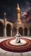 Placeholder: Hyper Realistic Sufi Whirling on stone floor with maroon & Golden Islamic Sufi Rustic Grungy Background outside white marble Islamic monument at dark night, heavy-fig with stars on sky showing dramatic & cinematic ambiance.