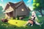 Placeholder: Farm, green grass, house, girl,white hair , sit on grass, cow's tail, cow's horne , cow's under