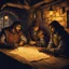 Placeholder: In a dimly lit tavern, shadows danced across the faces of three medieval adventurers - two men and one woman. Their expressions masked by the flickering candlelight, they traded maps drawn on parchment yellowed with age, fingers tracing paths through uncharted lands leading to untold riches. The ambiance was heavy, devoid of smiles and filled with an undercurrent of anticipation.