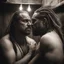 Placeholder: half figure shot photography of two angry gipsy 41 years old burly chubby ugly men embracing tightly from back, dreadlocks, shirtless, in a sauna full of steam, dim lights, side light, ambient occlusion,