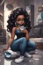 Placeholder: Create a futurism magna art of a black chibi curvy female sitting on the floor looking at herself in a hand mirror. She is wearing tight blue jeans and a black off the shoulder blouse. Prominent make up with lush lashes. Highly detailed long wavy hair. She is also wearing silver large hoop earringsart of a black chibi curvy female sitting on the floor looking at her cell phone. She is wearing tight blue jeans and a black off the shoulder blouse. Prominent make up with lush lashes.