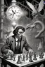 Placeholder: close up on face of comic news paper journalist horror harlequin playing burning chess geese dinosaur reptiles in very bright light bulb factory on the bridge with twisted ladders with the most a confused look on his face in front of a huge glass prism clock with angels, in the style of Escher and Dali and Cthulhu