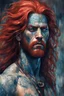 Placeholder: character concept illustration of a long red haired, blue tattooed Pict tribesman, , maximalist, sharp focus, highest resolution, in the styles of Denis Forkas , and Masahiro Ito, boldly inked, 8k, coarse, gritty textures