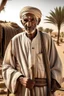 Placeholder: Old man, Arab, turban, white clothes, cattle, desert, council, sun, palm trees, mud houses, holding a stick, looking forward, a very slight smile.