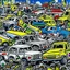 Placeholder: A junkyard filled with construction vehicles painted by Roy Lichtenstein