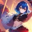 Placeholder: Clear focus, High resolution, rough line art, cute, cartoon, medium blue hair, hair between eyes, fluffy hair, red eyes, super cool outfit with a split skirt, black red and gold color scheme, wearing a short skirt, barely revealing