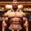 Placeholder: large muscular man wearing a white shirt, big belly, puffed out blonde hair, standing in a bar, illumination, brilliant coloring, smooth, sharp focus, crispy quality, vray; Artstation; HD, HDR, SF, CGSociety, 16k, photorealistic, unreal engine