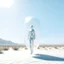 Placeholder: A photo of a transparent and futuristic woman-shaped balloon, inside a light white digital desert landscape.