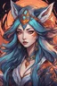 Placeholder: create an ethereal, darkly magical ,Kitsune sorceress with highly detailed and deeply cut facial features, illustrated in the style of Mindy Lee, Matias Bergara , and Hitoshi Yoneda, 4k precisely drawn, boldly lined and colored