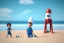 Placeholder: Toddler Elon Musk building a Very tall skinny space rocketShip sandcastle rocket on the beach, Blue shovel, plastic bucket, sunglass