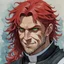 Placeholder: dnd, fantasy, watercolour, portrait, illustration, male, face, green eyes, determined, happy, priest, red hair, very long hair, radiating light, five o'clock shadow