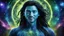 Placeholder: beautiful gorgeous young man na'vi with long hair, Avatar, blue skin, two small ears, green eyes, black hair, in cosmic suit, galactic ambiance, medium pointy goatee , smiling, nebulas and sacred geometry light figures on the backgroud,