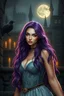 Placeholder: super beauty woman, good body, cute big bubs, nice body, purple long haired, model style, milf, rude mode, stay into a dark castle, moonlight on window, ravens an candles, old swatch, wall older