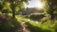 Placeholder: Beautiful realistic rural landscape, warm sunshine, lush plant growth, flowers, human habitation, brook, peaceful, delightful, idyll, award-winning photograph, detail, beautiful composition, attractive colour, chiaroscuro, rule of thirds