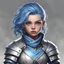 Placeholder: dnd, portrait of female halfling cleric, silver blue hair.