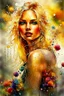 Placeholder: Gorgeous wet look watercolour, a beautiful sensual blond blonde woman, beautiful late summer flowers, colourful, enchanting, wet on wet, silver and gold drops, sparkling lights, winning, intricate, beautiful, gorgeous by Yossi Kotler,