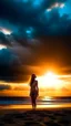 Placeholder: A beautiful naked girl standing on the beach sound looking to sunset clouds bright light shining