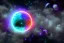 Placeholder: cosmos, metallic sky stars, sky blue light, blue light, green moons with neon rings, 8k resolution, detail