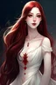 Placeholder: A very beautiful girl with very pale skin, pink lips, very long, dark red hair, and red eyes that sparkle like fire. She stands and looks forward, wearing a bright, beautiful white dress.