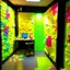 Placeholder: Bright Studio,What steal the smelling of food, covered in multi-colored post-it notes, fashion items made out of post-it notes, post-it notes covering space, background has two walls with multi-colored post it notes