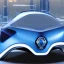 Placeholder: Blue Renault Zoë, futuristic city, zoom