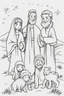 Placeholder: cartoon style, only strokes black white, simple lines, baby Jesus lying in a manger, mary and joseph, barn animals, the 3 wise men, white backgrond, white hair and beard, biblical characters, no grayscale