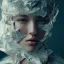 Placeholder: rendered in blender trash bag on his head and crumpled paper as a texture, collage paper and tape, slit - scan photography, high resolution, cinematic, unreal 6, breathtaking detailed