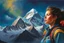 Placeholder: A perfect woman having a beautiful dream standing on the top of Mount Everest painted by Julie Bell. concept art, mid shot, intricately detailed, color depth, dramatic, 2/3 face angle, side light, colorful background