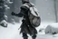 Placeholder: a man carrying a heavy ton boulder on his back, wearing warrior knight armour, walking in cold windy weather, leaving bloodstains on the snow, arrows shot stuck on his chest, dramatic