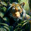 Placeholder: close up of an almost invisible Tiger HIDDEN behind amongst jungle leaves, oil on canvas in the style of Daniel Gerhartz