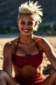 Placeholder: Chiaroscuro lighting, rich, deep colors, create a photorealistic portrait of 18-year-old adult woman, Sports illustrated swimsuit model, Sebrina Cashwell, with a blonde Mohawk hairstyle, wearing a modest red knit string bikini with high-waisted bottoms and a bandeau top, sitting by the Earth in the late afternoon, smiling, natural sunlight casting warm, golden light across her face revealing the texture of her skin, sharp focus on her eyes showing depth, reflection, moisture,