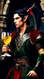 Placeholder: male elf with skin, black hair in a ponytail, wearing a crown and holding a goblet of wine