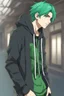 Placeholder: Anime Young man with green hair wearing a hoodie realistic