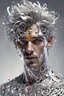 Placeholder: PAPERCUT 3d photo realistic portrait of young man, fantasy, handsome, hard eyes, shiny streaks of paint, filigree, shiny paint blobs, shiny white transparent skin, shiny molten metalics, baubles, papercut, wild hair, high definition, octane render, 64k, 3d