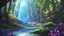 Placeholder: a beautiful scene of a forest in the distance with very purple trees and a blue shimmering river going down the forest the sky is an orangey pink