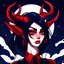 Placeholder: mad devil with horns with long black or extremely dark blue hair aesthetic girl red night sky posing cartoon smooth shiny