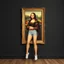 Placeholder: A painting of Mona Lisa on the wall, the frame with shorts and Crocs attached to her human legs