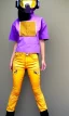 Placeholder: Photo of Asa akira. Camouflage colors are terracotta, cream and purple, lilac and Cream latex, imperial yellow, red plum. Baggy jeans! plant print.European daft punk woman. Baggy jeans! Mantle is sewed of recycled Denim and sewed together of recycled polymer felt. lace, Yellow(Munsell) areas. hint of orange as effect color!!Big bright purple/khaki felt tippet and cream or blue or lilac colored-hood. mantle is merged with satchel. . AKG-style headphones is merged with felt cap, cyan small visor.