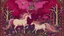 Placeholder: A dark magenta magical domain with winged unicorns designed in medieval tapestry