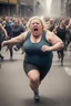 Placeholder: an obese terrified blonde woman crying and sobbing in a crossfit outfit desperately running away from an angry mob of thousands of people chasing her down a city street while she is flailing her arms for dear life