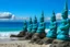 Placeholder: A teal blue beach with Hawaiian tiki statues painted by Katsushika Hokusai