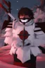 Placeholder: The character, in a striking white armour against a wintry backdrop stands with his hands behind his back inside the scene, he has a red and black circular symbol on his chest like a shield, a black pointed spear with a red handle on his back, His eyes are showing a dynamic expression and he wears a black oni mask with white teeth on it covering the bottom part of his mouth he has brown shoulder pads and a white belt with a bag attached to it. He has dark brown hair, he does not wear a helmet.